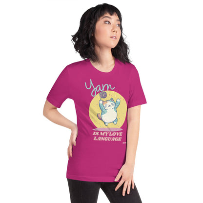 Black Heather "Yarn is My Love Language" T-Shirt by Darn Good Yarn, featuring printed text on soft casual fabric.