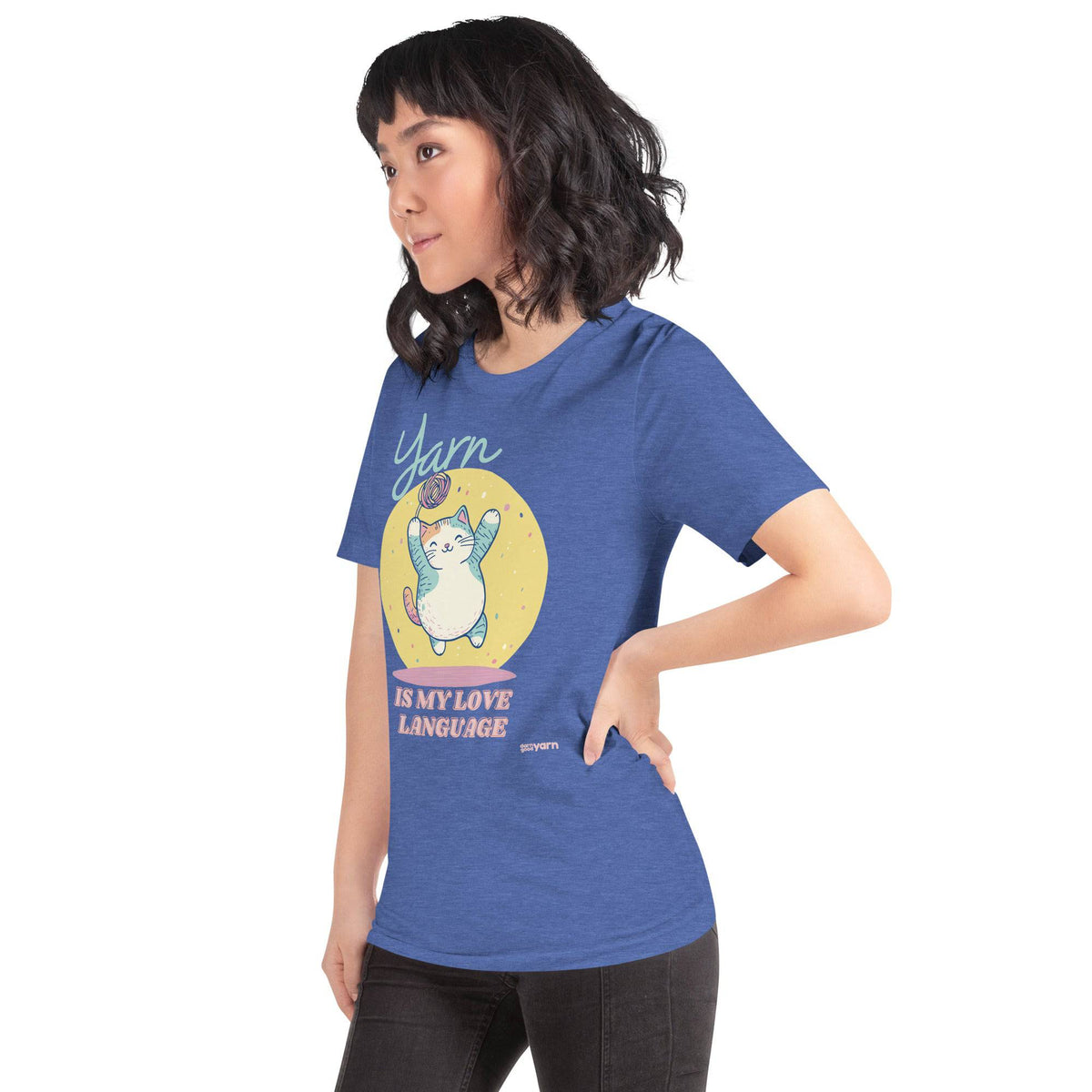 Black heather "Yarn is My Love Language" T-shirt by Darn Good Yarn, featuring a casual fit and printed yarn-themed text.