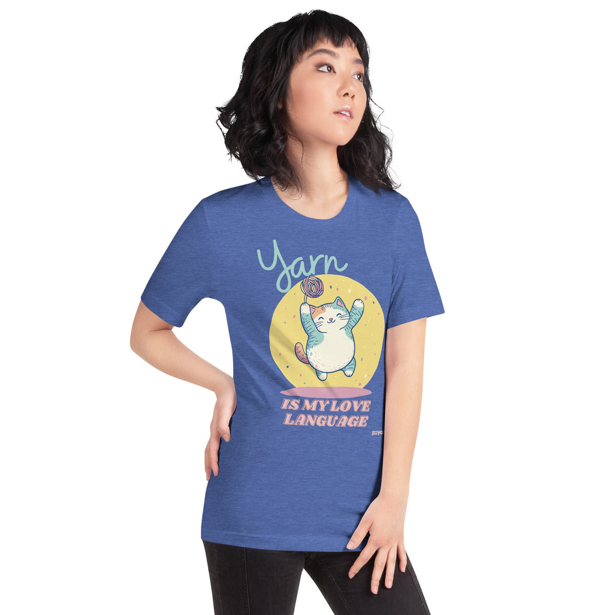 Black Heather "Yarn is My Love Language" T-Shirt by Darn Good Yarn, featuring a casual fit and yarn-themed design.