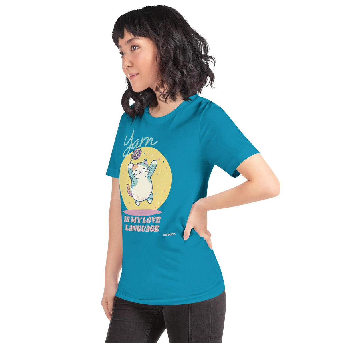Black Heather "Yarn is My Love Language" T-Shirt by Darn Good Yarn, featuring a casual fit and printed message on the front.