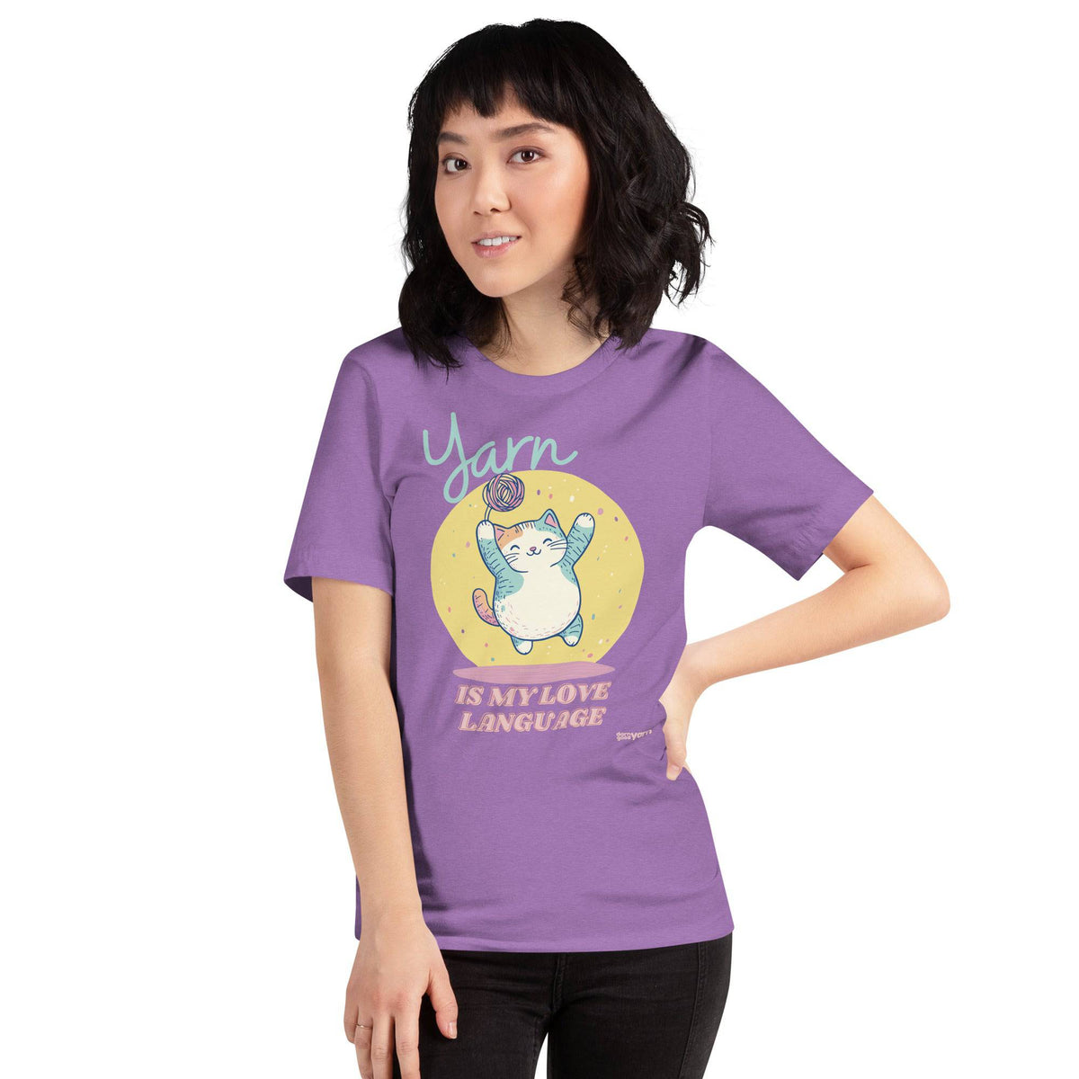 Black Heather "Yarn is My Love Language" T-Shirt by Darn Good Yarn, featuring a casual fit and printed message on the front.