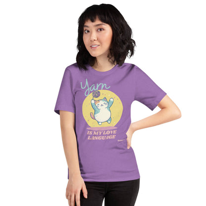 Black Heather "Yarn is My Love Language" T-Shirt by Darn Good Yarn, featuring a casual fit and printed message on the front.