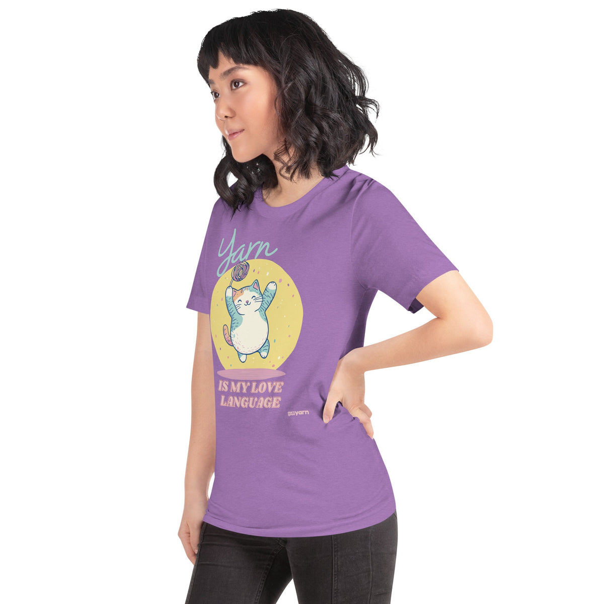 Black heather "Yarn is My Love Language" T-shirt by Darn Good Yarn, featuring a comfortable fit and colorful yarn-themed design.