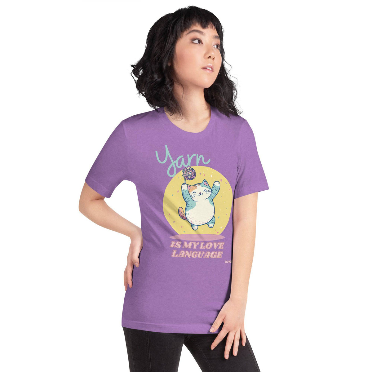 Black heather "Yarn is My Love Language" T-shirt by Darn Good Yarn featuring a casual fit and printed design.