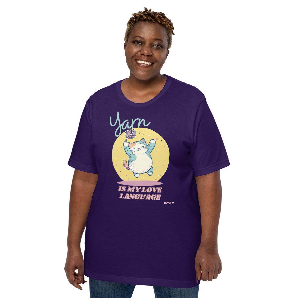Black Heather "Yarn is My Love Language" T-Shirt by Darn Good Yarn, featuring a casual fit and yarn-themed graphic.