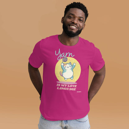 Black Heather "Yarn is My Love Language" T-Shirt by Darn Good Yarn, featuring a casual fit and yarn-themed graphic on the front.