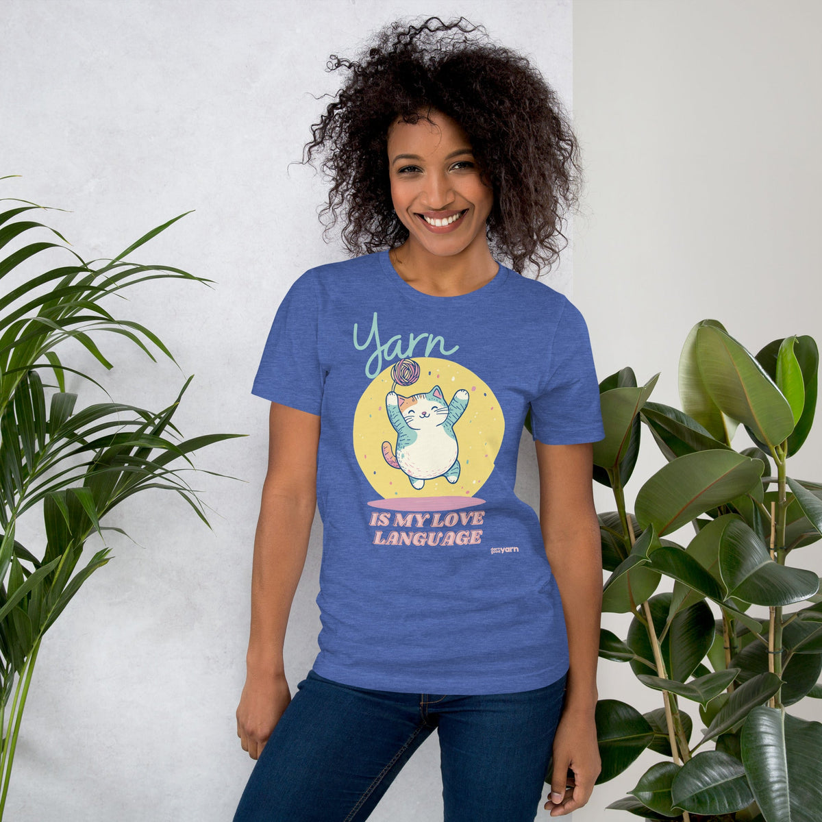 Black Heather "Yarn is My Love Language" T-Shirt by Darn Good Yarn, featuring a casual fit and printed text design.