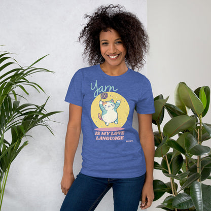 Black Heather "Yarn is My Love Language" T-Shirt by Darn Good Yarn, featuring a casual fit and printed text design.