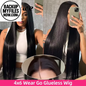 Yawawe 22-inch straight human hair glueless lace frontal wig for women, preplucked and ready to wear without glue.