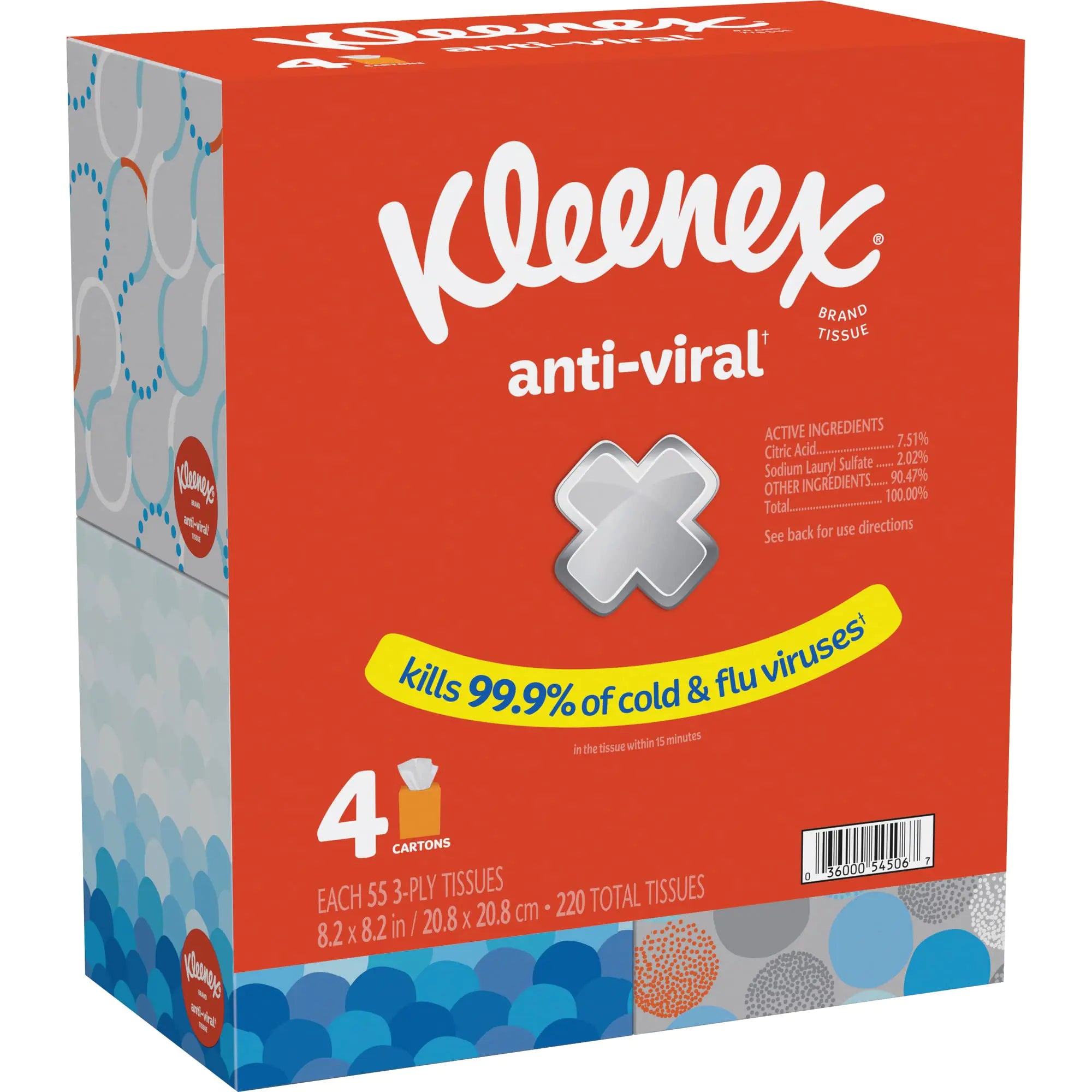 Kleenex Anti-Viral Facial Tissues Classroom or Office Tissue 4 Cube Boxes 55 Tissues per Box 3-Ply (220 Total Tissues)