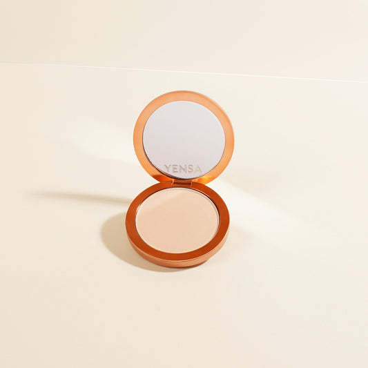YENSA Super Serum Silk Matte Powder Foundation in Fair 1, pressed powder with a smooth, matte finish and peptide-infused formula.