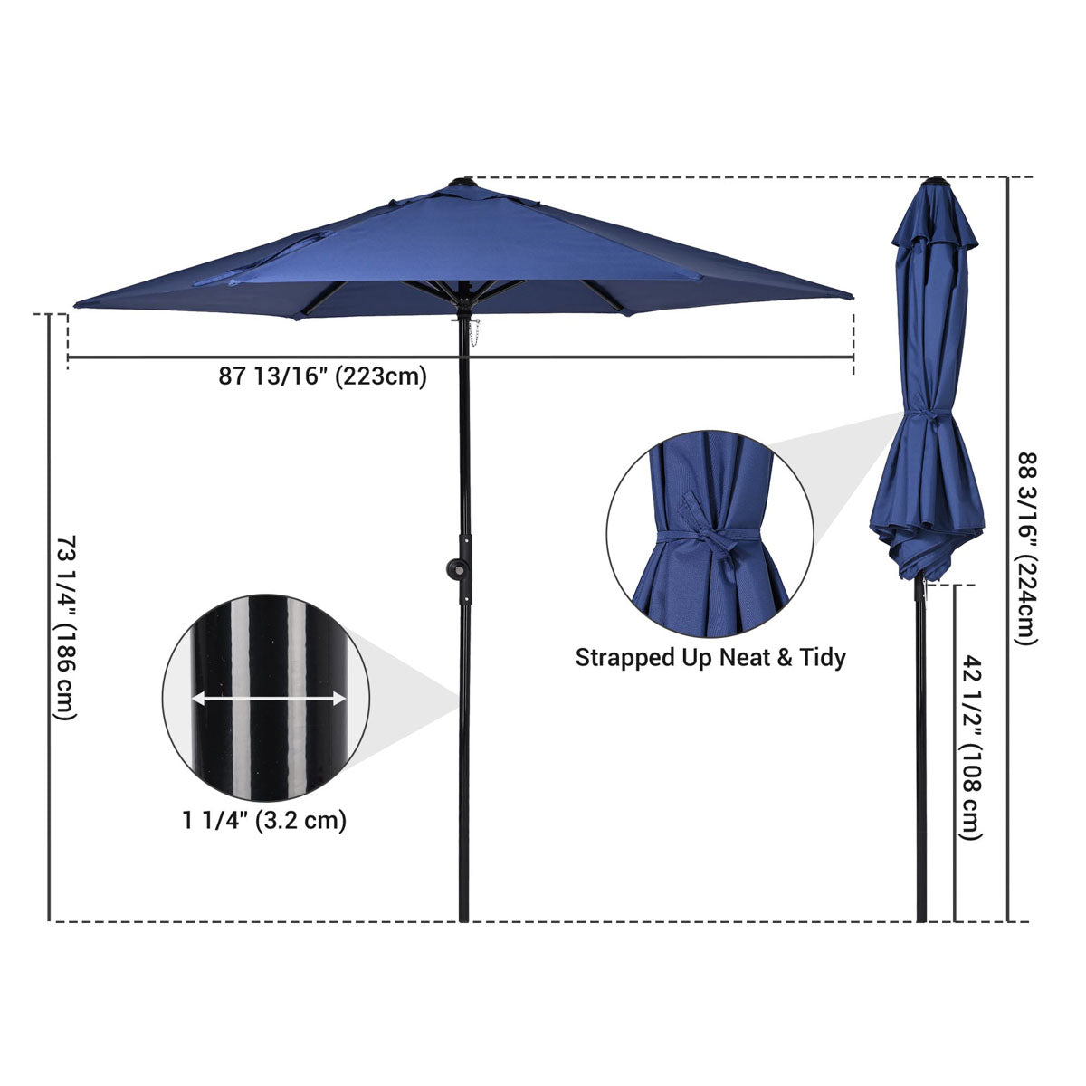 Navy blue Yescom 7.5ft market patio umbrella with crank and tilt, 6-rib aluminum frame for outdoor shade and protection
