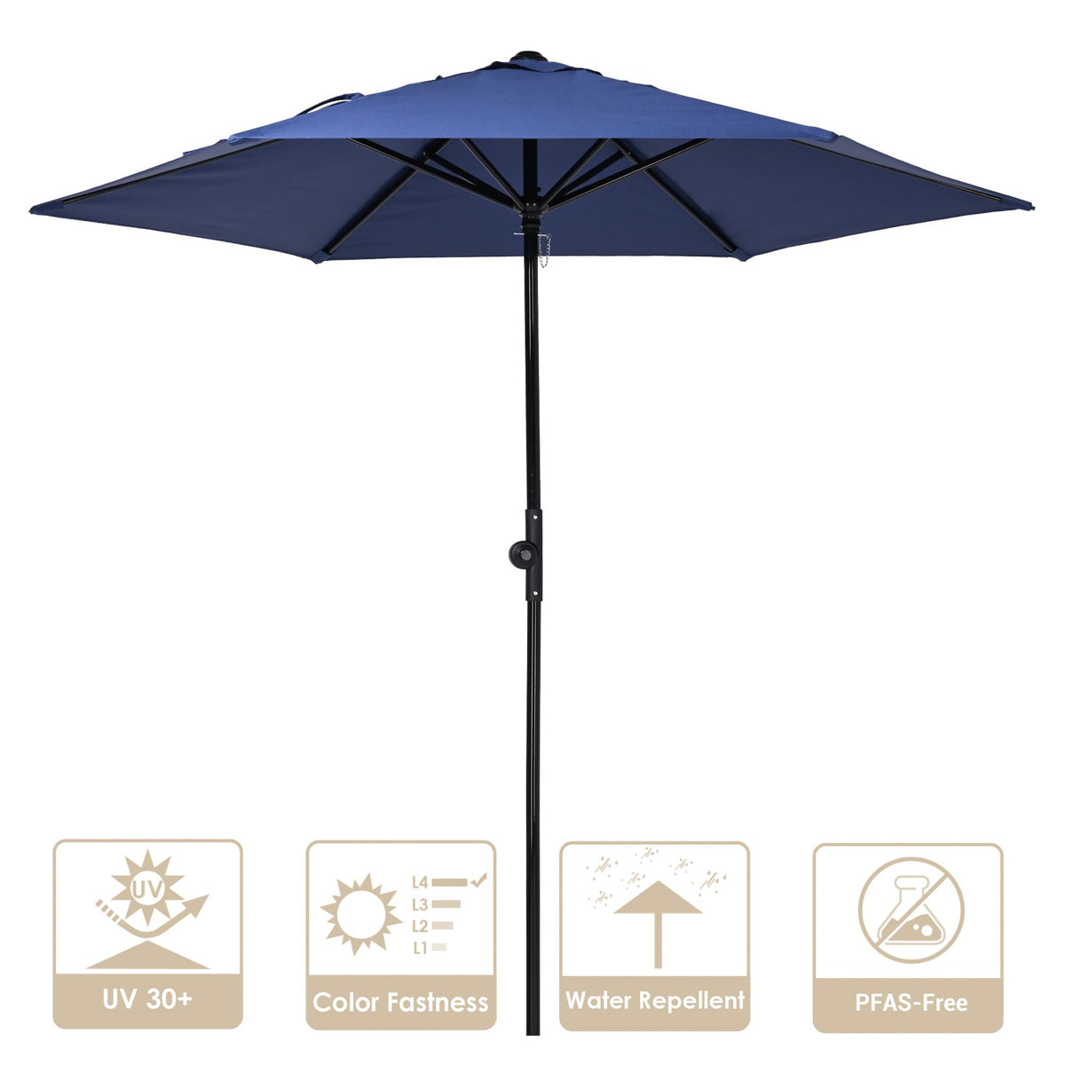 Yescom 7.5ft navy market patio umbrella with crank and tilt, 6-rib design, provides shade and weather protection.