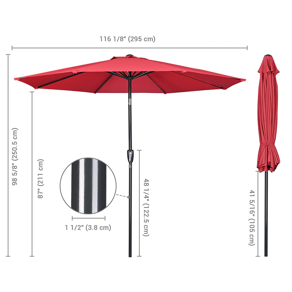 Red Yescom 10ft 8-rib patio market umbrella with tilt feature, UV50+ canopy, ideal for outdoor shade and sun protection.