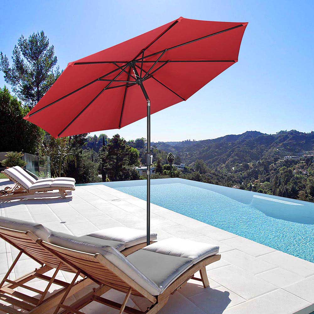 Red Yescom 10ft 8-rib market patio umbrella with tilt feature, UV50+ canopy, and 220gsm fabric for outdoor shade.