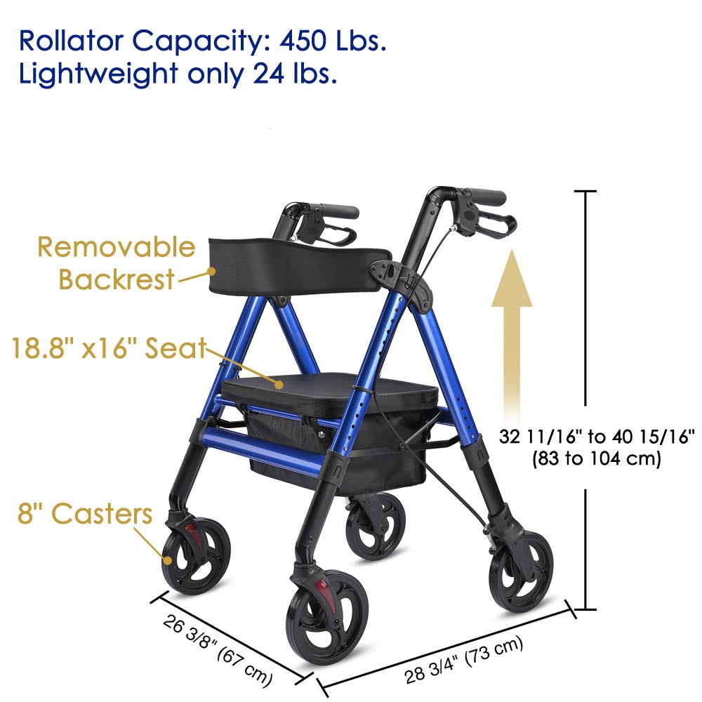 Yescom Rollator Walker with seat, backrest, 8-inch casters, and 450lbs capacity for mobility assistance.
