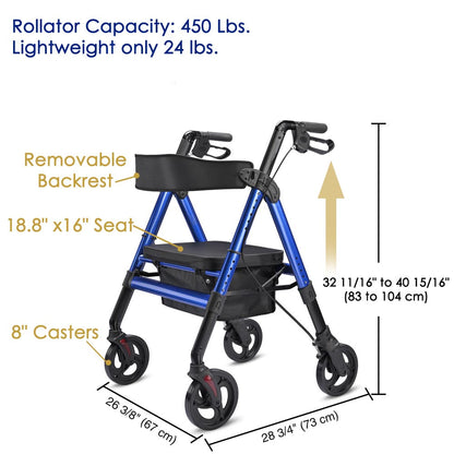 Yescom Rollator Walker with seat, backrest, 8-inch casters, and 450lbs capacity for mobility assistance.