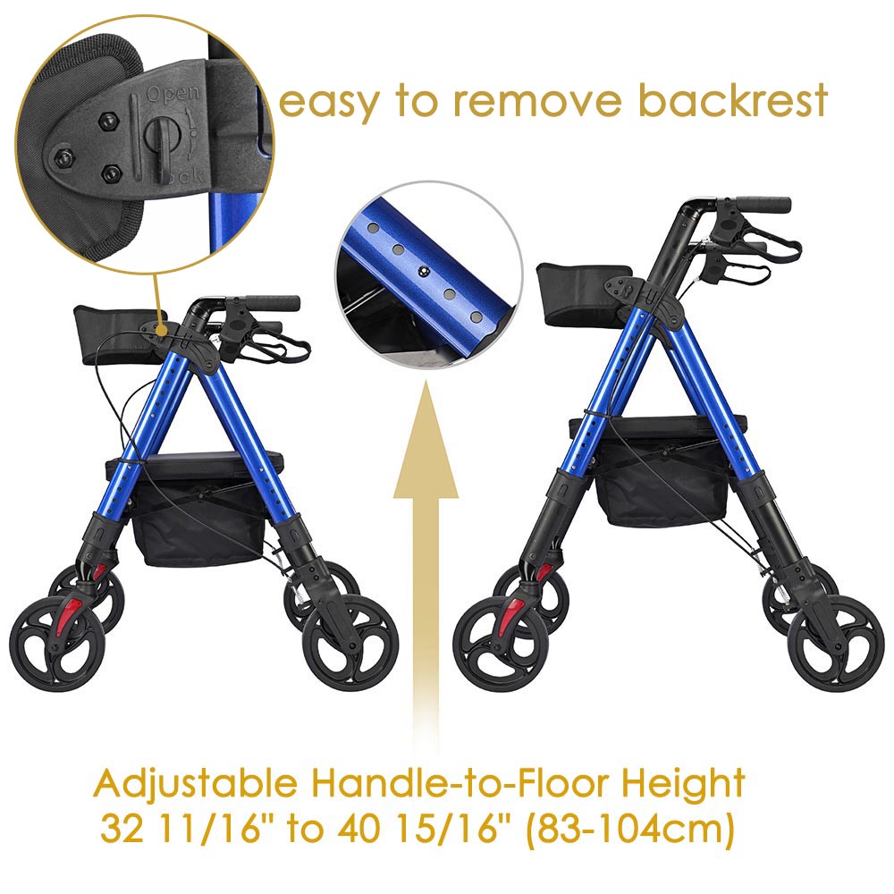 Yescom Rollator Walker with seat, backrest, 8-inch casters, and 450lbs capacity, used for mobility aid support.