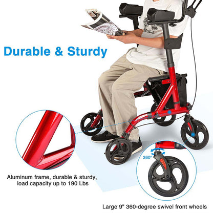 Yescom upright stand-up walker with four wheels, foldable rollator, and adjustable height for mobility assistance.