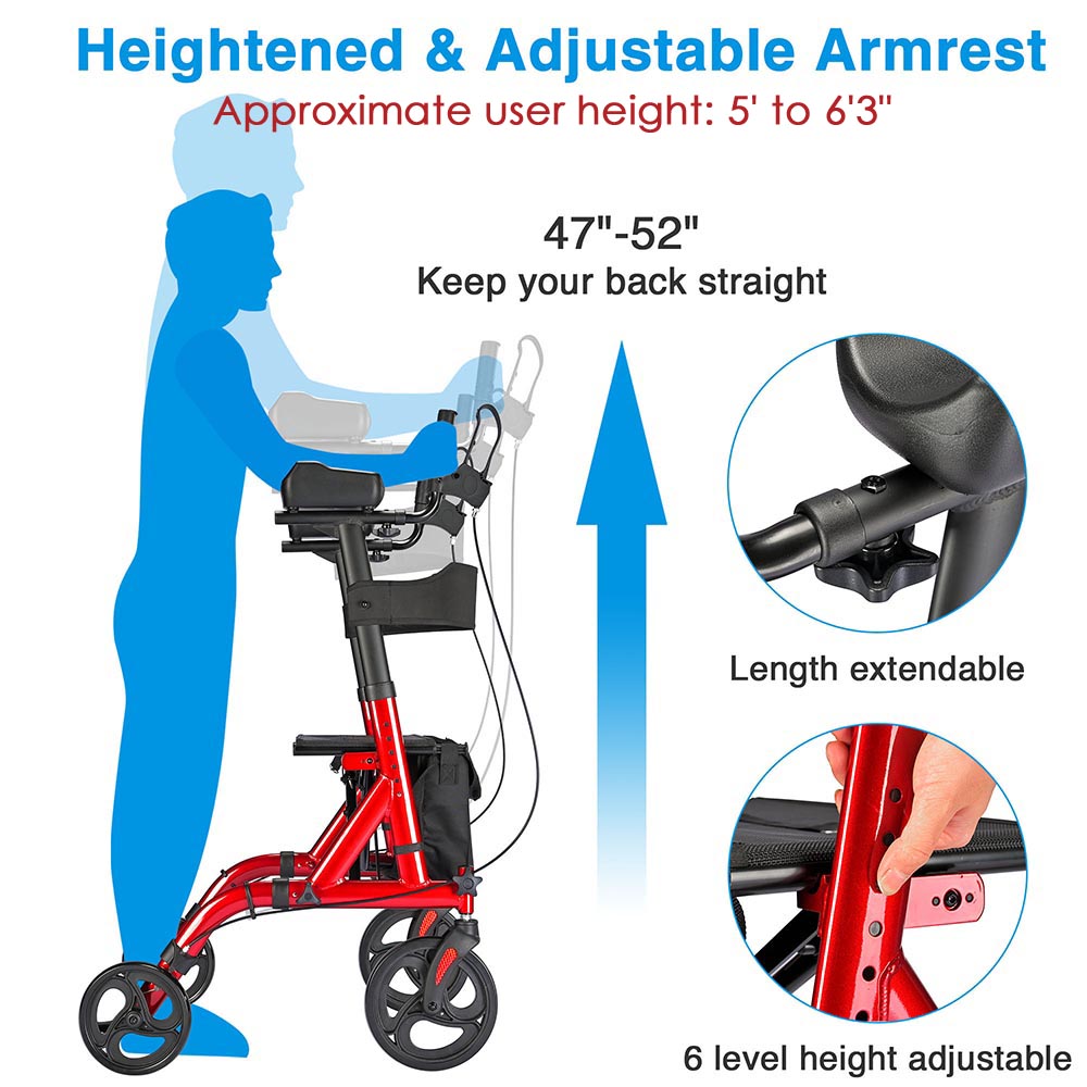 Yescom upright walker stand-up folding rollator with four wheels, mobility aid designed for easy standing and walking support.