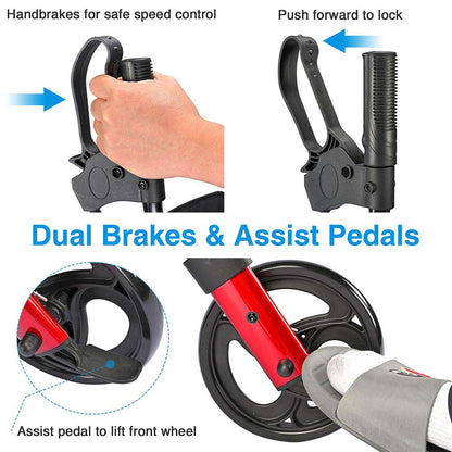Yescom upright stand-up walker with four wheels, folding rollator mobility aid by yescomusa, designed for stability and easy transport.