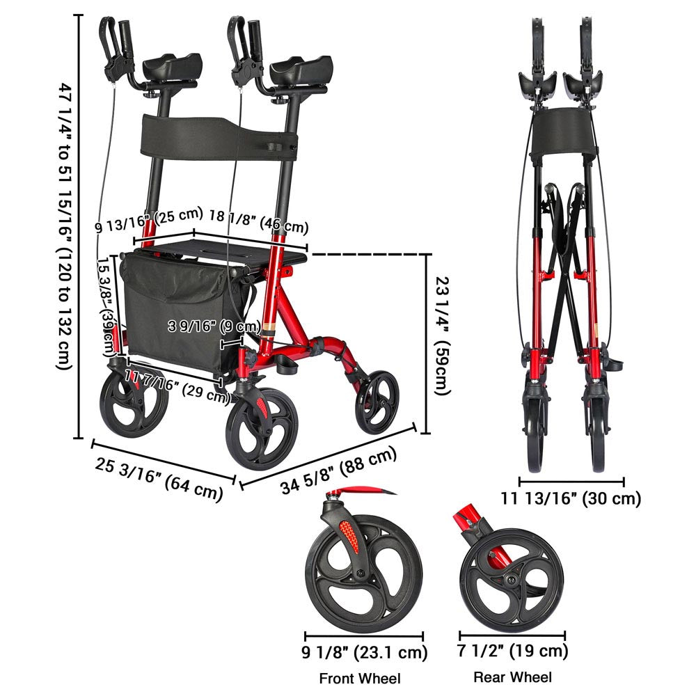 Yescom upright stand-up walker with four wheels, folding rollator for mobility aid, designed for easy standing and walking support.