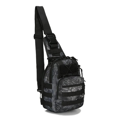 Khaki multifunctional tactical sling backpack with multiple pockets, MOLLE system, suitable for hiking, camping, hunting, and fishing.