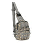 Khaki multifunctional tactical sling backpack with multiple pockets, Molle system, suitable for hiking, camping, hunting, and fishing.