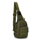 Khaki multifunctional tactical sling backpack with multiple pockets, MOLLE system, ideal for hiking, camping, hunting, and fishing.