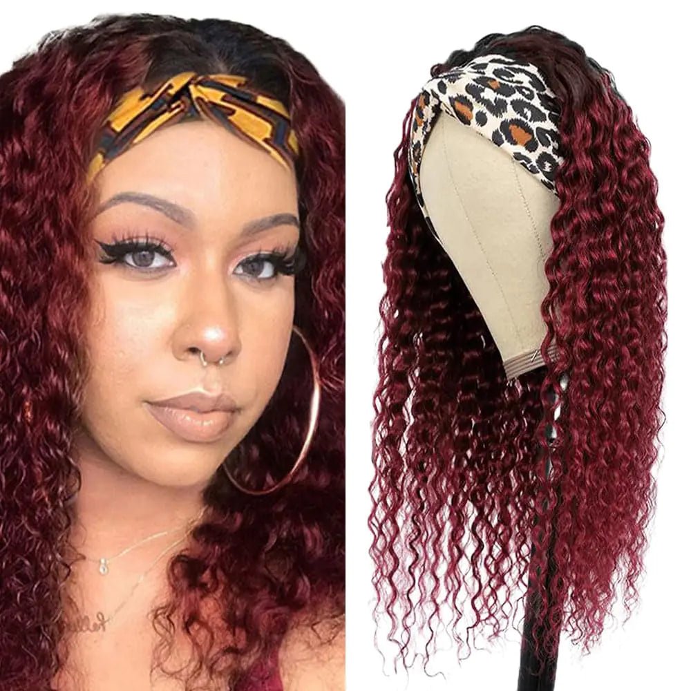 YiweYowe 24 Inch Wine Red Curly Wave Headband Wigs Human Hair 1B99J Ombre Burgundy Headband Wigs Two Tone Human Hair Wigs 150% Density Grade 8A Unprocessed Virgin Hair Red Color Wigs - BACKUPMYFILESNOW