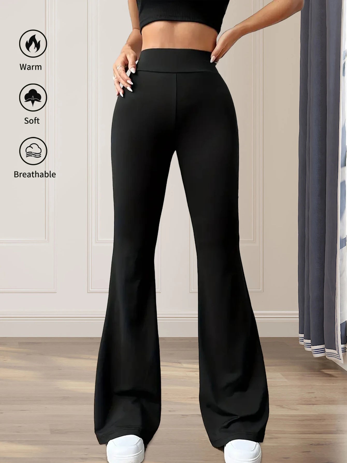 Black high-waisted flared pants for women, slim leg and wide-leg style, perfect for spring and summer, by YIYING Clothing Store.