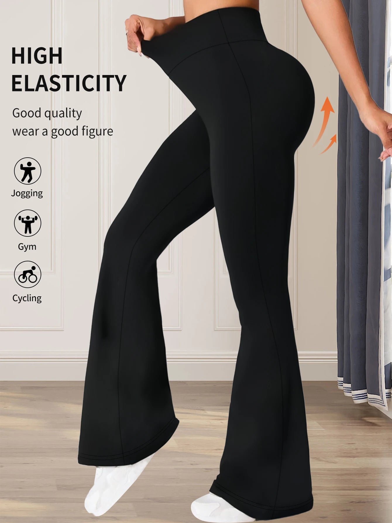 Black high-waisted flared pants for women, slim fit, long and wide-leg style, perfect for spring and summer fashion.