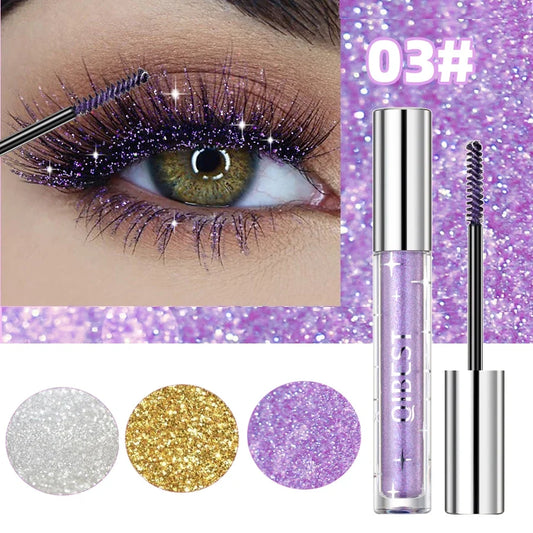 Violet glitter lash mascara by Your Skin Icon featuring shiny, waterproof, curling, thickening mascara with sequins for dramatic black eyelashes.