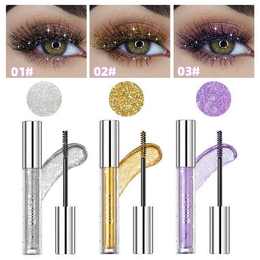 Violet glitter lash mascara by Your Skin Icon with shiny, thick, curling black lashes, waterproof and fast-drying mascara with sequins.