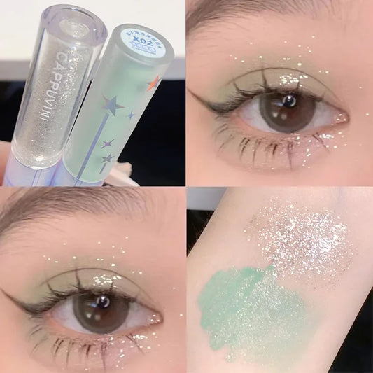 Brightening blue-green double-head liquid eyeshadow by Your Skin Icon with glitter, waterproof, lightweight, and matte finish for summer eye makeup.