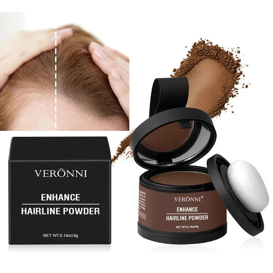 Dark auburn hairline powder by Your Skin Icon conceals roots and thinning hair, creating a natural shadow for women and men.
