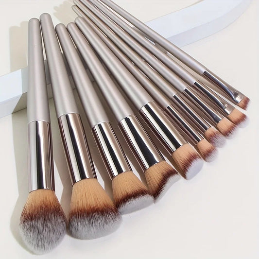 Set of 10 champagne gold makeup brushes from Your Skin Icon, vegan and cruelty-free, for full face and eye makeup application.