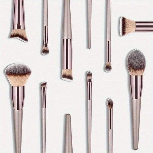 Set of 10 champagne gold makeup brushes from Your Skin Icon with vegan, cruelty-free bristles for full face and eye makeup application.