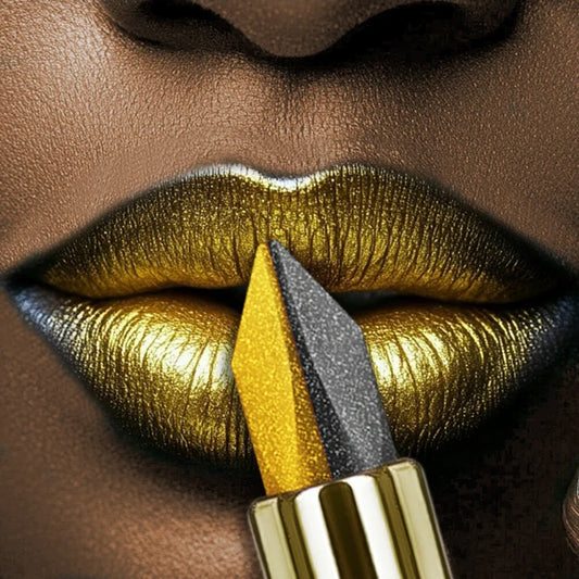 Metallic finish lipstick in black and yellow two-tone with high pigment, hydrating shine from Your Skin Icon cosmetic collection.