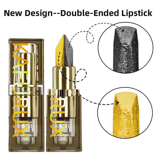 Metallic finish lipstick in black and yellow two-tone design with high pigment, hydrating shine, from Your Skin Icon Korean makeup.