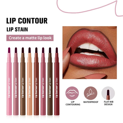 Waterproof 2-in-1 lip stain and liner pen by Your Skin Icon in black, showing the dual-ended design and long-lasting, smudge-proof formula.