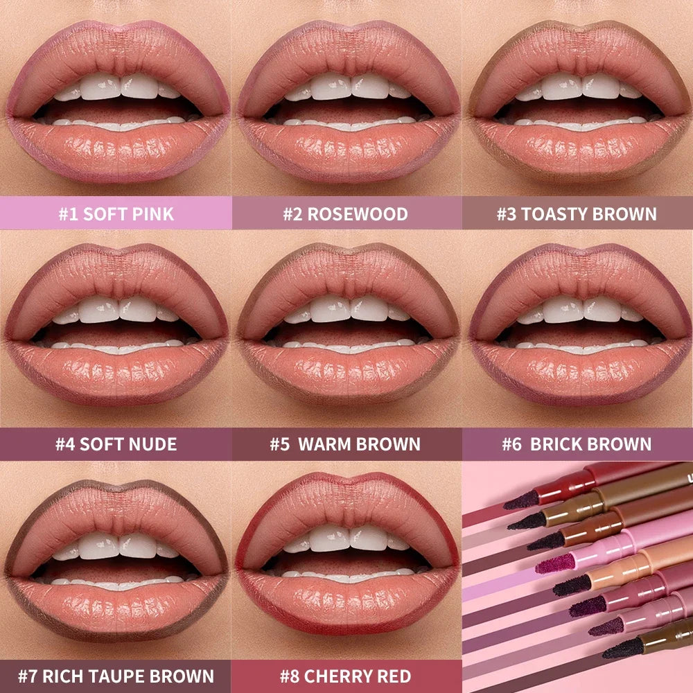 Waterproof 2-in-1 lip stain and liner pen in 8 colors by Your Skin Icon, featuring long-lasting, smudge-proof, kiss-proof lipstick.