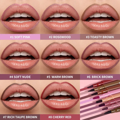Waterproof 2-in-1 lip stain and liner pen in 8 colors by Your Skin Icon, featuring long-lasting, smudge-proof, kiss-proof lipstick.