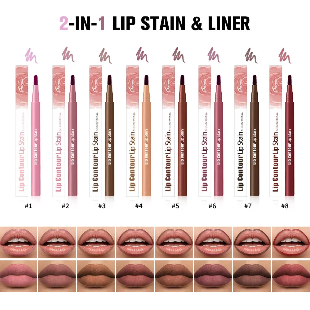 Close-up of waterproof 2-in-1 lip stain and liner pen by Your Skin Icon in a sleek black tube with color cap, showcasing the makeup product.