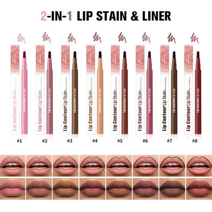Close-up of waterproof 2-in-1 lip stain and liner pen by Your Skin Icon in a sleek black tube with color cap, showcasing the makeup product.