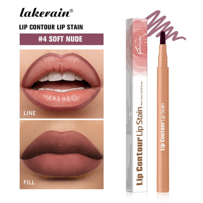 Waterproof 2-in-1 lip stain and liner pen by Your Skin Icon in a sleek black design, showcasing the lip makeup product with color swatches.