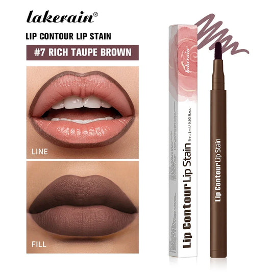 Waterproof 2-in-1 lip stain and liner pen by Your Skin Icon in black and pink shades, long-lasting, smudge-proof, transfer-resistant makeup.
