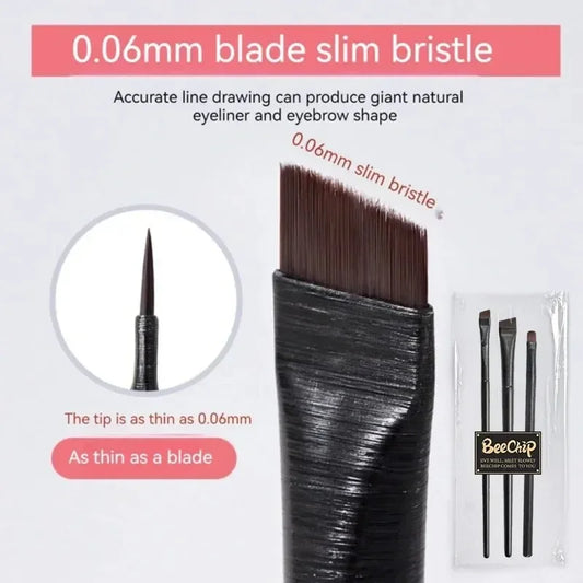 Three soft fiber makeup brushes for eyeliner and eyebrows by Your Skin Icon, with comfortable grip for natural makeup application.
