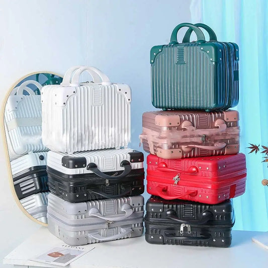 Mini 14-inch Your Skin Icon cosmetic travel suitcase with compartments, password lock, and hand luggage design for makeup and toiletries.