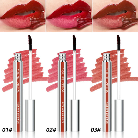 Young Vision tear-off lip liner set featuring three matte, smudge-free peel-off lip pencils in vibrant shades, with hook-and-loop design.